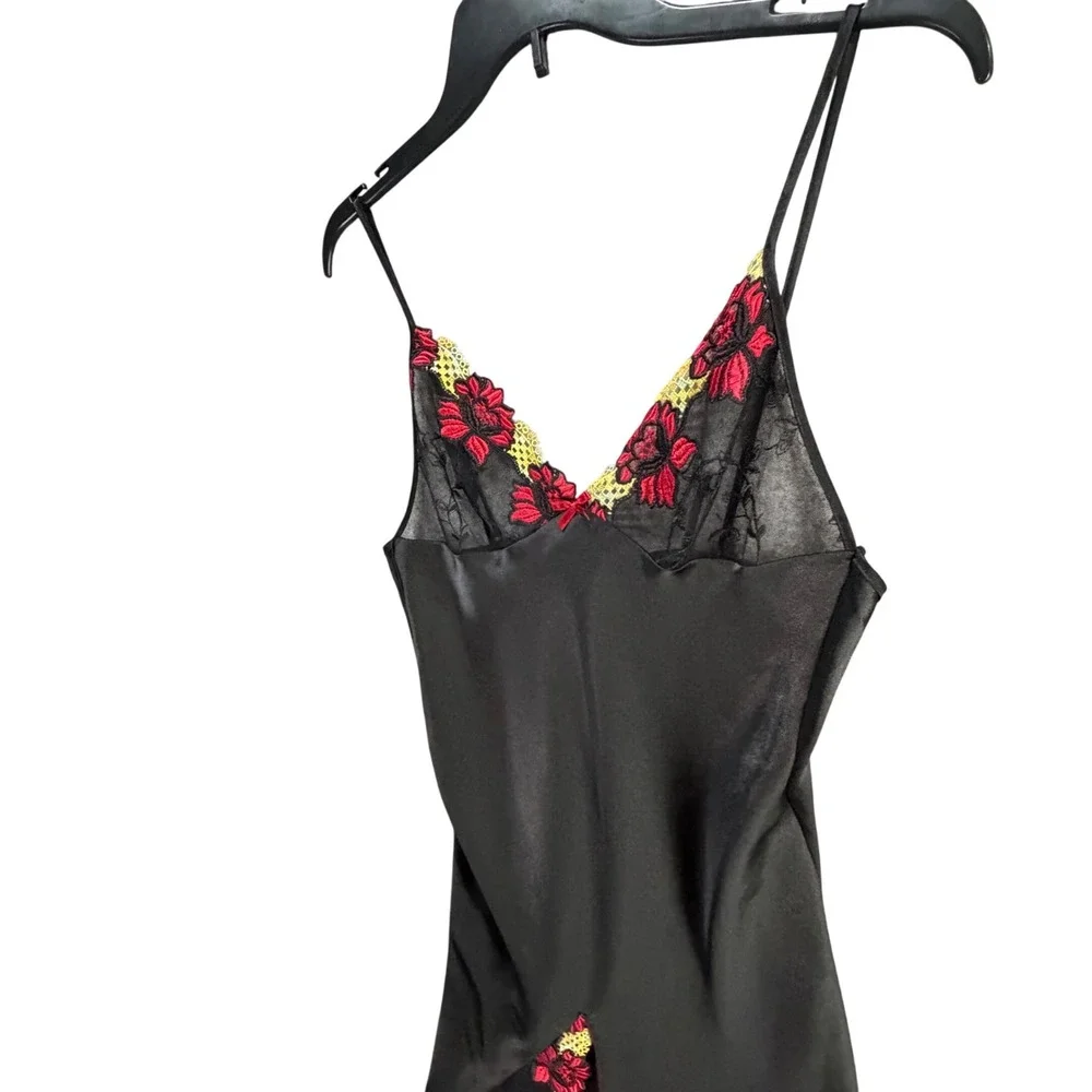 Jasmin Y2K Satin Slip Dress Small Black Red Floral Embroidery Nightwear Lingerie